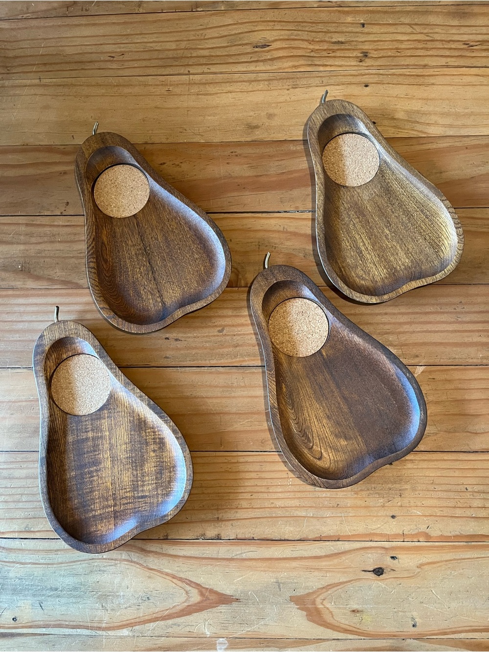 Vintage MCM Wood Pear Shaped Coaster Snack Tray Set of 4
